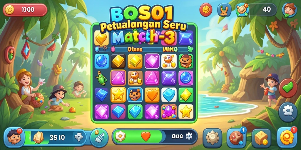 Tampilan menarik gameplay Match-3 di BOS01 dengan kombinasi simbol yang berwarna-warni.