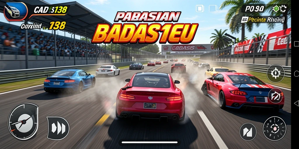 Screenshot gameplay CADAS138 dengan mobil balap yang cepat di lintasan menantang.