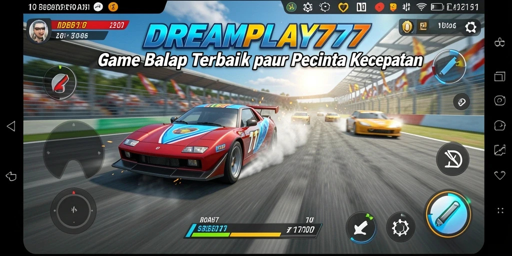 Screenshot gameplay DREAMPLAY77 menunjukkan balapan seru dengan mobil yang bertenaga.