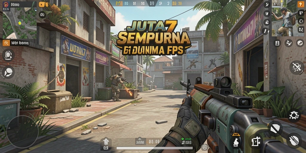 Screenshot gameplay utama JUTA7 menampilkan aksi pertempuran FPS yang seru.