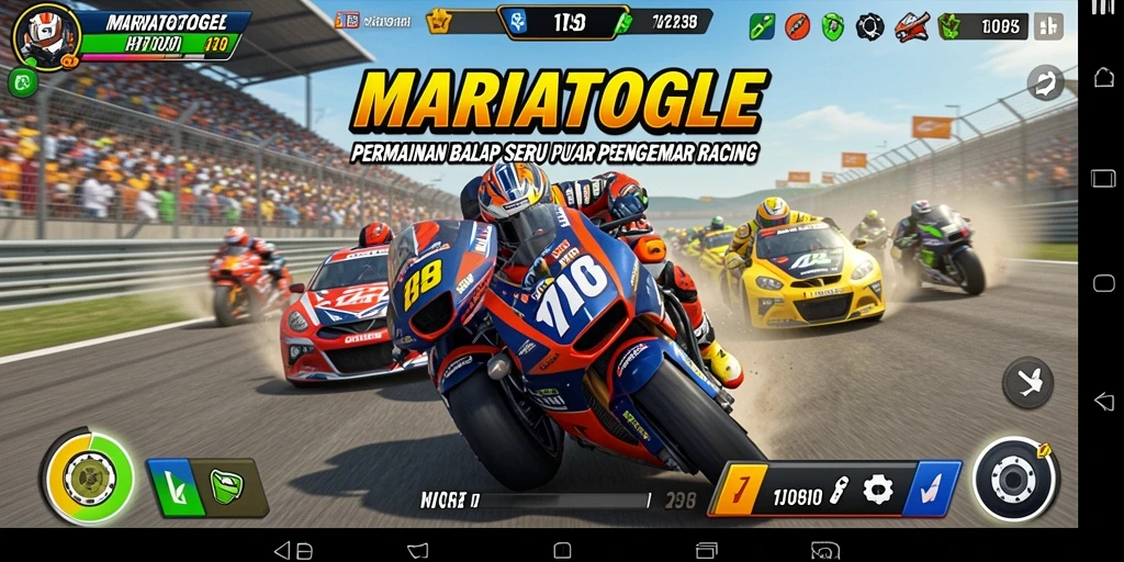 Screenshot gameplay MARIATOGEL yang menampilkan aksi balap yang mendebarkan.