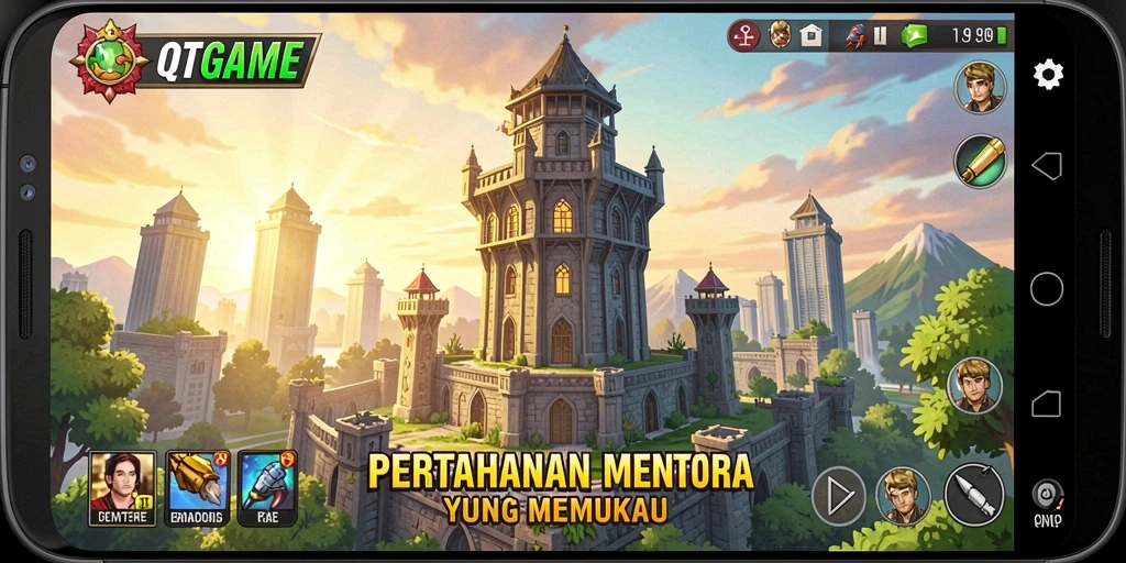 Screenshot gameplay QTGAME menampilkan pertempuran seru di Tower Defense.