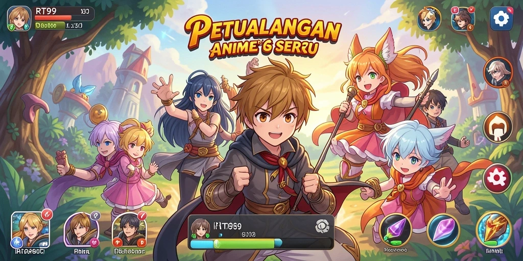 Screenshot gameplay RT99 menampilkan karakter anime dalam pertempuran seru.
